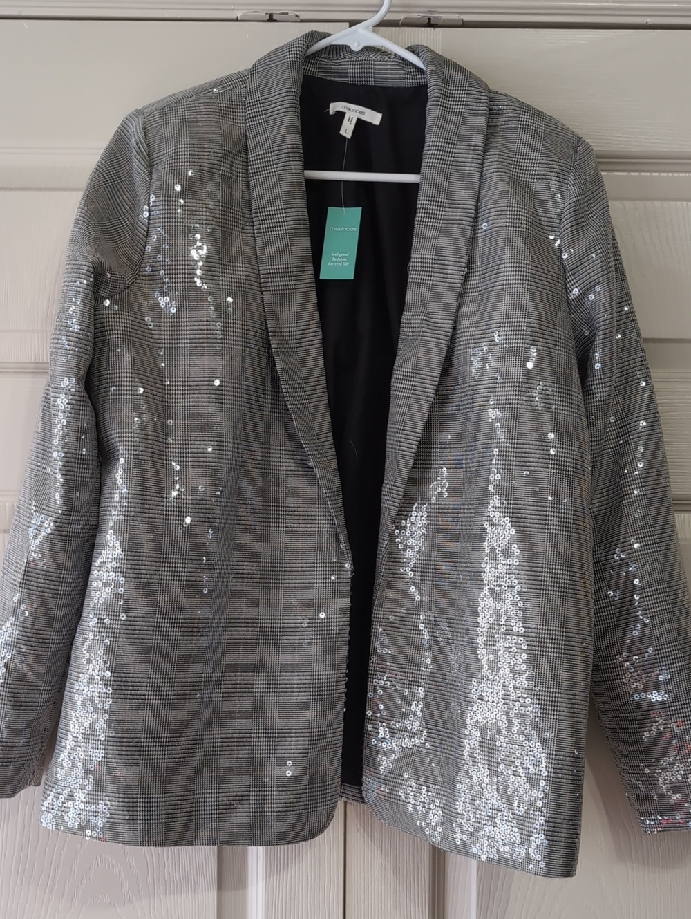 Maurices Gray Sequin Plaid Open-Front Blazer